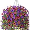 Artificial Fake Hanging Flowers Plants with Basket Fall Outdoor Decoration,Faux Silk Colorful Daisy in Planter Boxwood No Fade Plastic Shrubs Decor Farmhouse Home Garden Thanksgiving(Orange Brown)