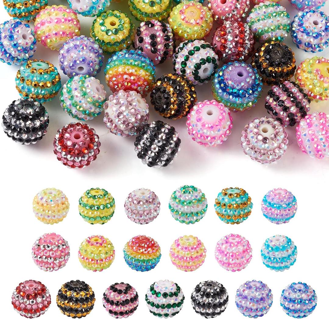 Cheriswelry 38Pcs 20mm Resin Rhinestone Beads Set Colorful Striped Bubblegum Beads Crystal Pave Disco Ball Beads 19 Colors for Jewelry Making Supplies