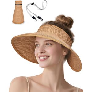 Sun Visor Hat for Women, Wide Brim Straw Visors Beach Hat Roll Up Foldable Beach Visors Summer UV Protection (One Size, Khaki)