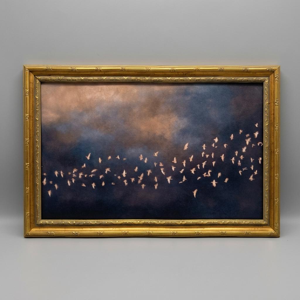 Vintage Gold Framed Minimalist Moon and Birds in Flight Wall Art, Neutral Beige Sky Painting Canvas Prints, Boho Nature Poster Artwork for Modern Living Room Bedroom Office Wall Decor，16x24in