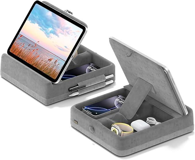 KDD Tablet Pillow Stand with Storage, Foldable iPad Holder for Bed, Lap and Desk, Angle Adjustable Soft Pad Dock with Stylus Mount Compatible with iPad Pro 12.9, 10.5, 11, Air, Mini, Phones, Books (Peach Fuzz)
