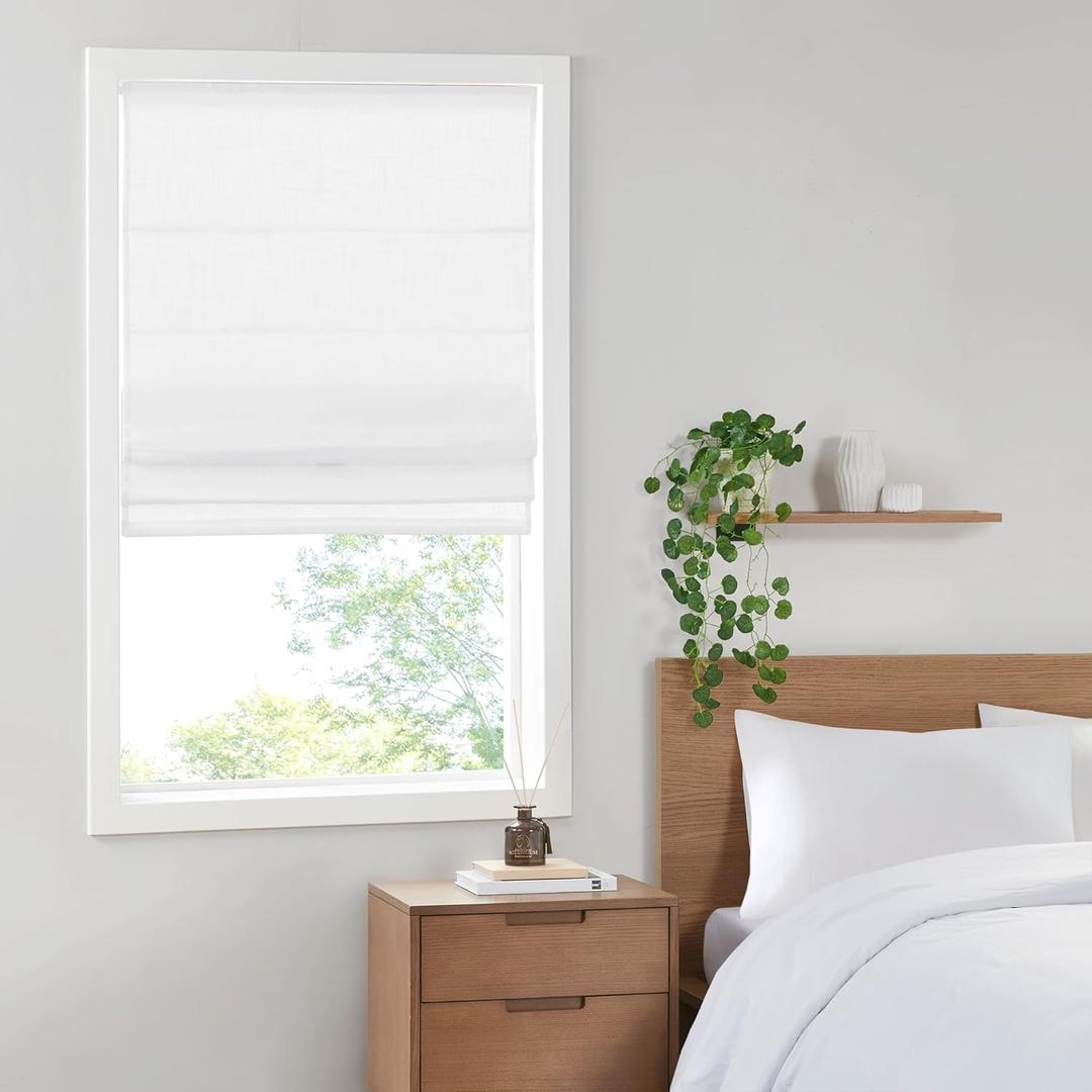 Madison Park Kyler Cordless Roman Shades - Single Panel, Lightweight Linen Blend Fabric, Natural Design, Easy Installation, Light Filtering Window Blind, Bedroom, Living Room Decor 34"W x 64"H White