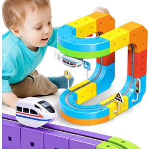 KlickRail Electric Train Set Flexible Race Track for Kids 4 6 7 8, 32 Pcs Car Track for Toddlers 3-5, Building Toy Train Track Gravity-Defying 3D Embedded Layouts & Motorized Car, STEM Learning Gift