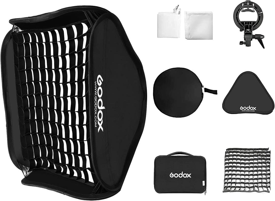 Godox 32"x 32" /80x80cm Foldable Flash Softbox Kit with Grid, S-Type Speedlite Bracket Bowens Mount and Carring Case for Camera Flash Speedlight Studio Portraits,Product Photography,Video Shooting