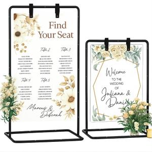 2PCS Welcome Sign Stand, Adjustable Sign Holder Stand w/ Poster Design Templates & Leather Straps, Heavy Duty Metal Easel for Wedding, Bridal Shower Baby, Birthday Party, 68" x 30" x 20"