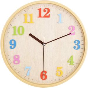 Topkey 12" Wooden Look Wall Clock Silent Non-Ticking 3D Numbers Colorful Decorative Round Clock for Living Room, Bedroom and Office Battery Not Included - Light Brown