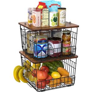 Delamu 2 Pack Stackable Fruit Basket, Pantry Organizer and Storage with Wood Top, Kitchen Counter, Cabinet Shelf Under Sink Organizing for Food Snack, Onion, Potato, Bread Storage, Produce