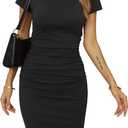 Missufeintl Women's Bodycon Ruched Short Sleeve T Shirt Midi Sundress Fitted Casual Dress (Black, S)