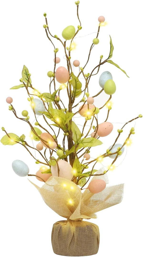RoseCraft Easter Decorations, 18 Inch Pre-Lit Easter Egg Tree Tabletop Decor with Delicate Ornaments, for Home Party Wedding Holiday Spring Summer Decoration, Green/Pink/Blue.