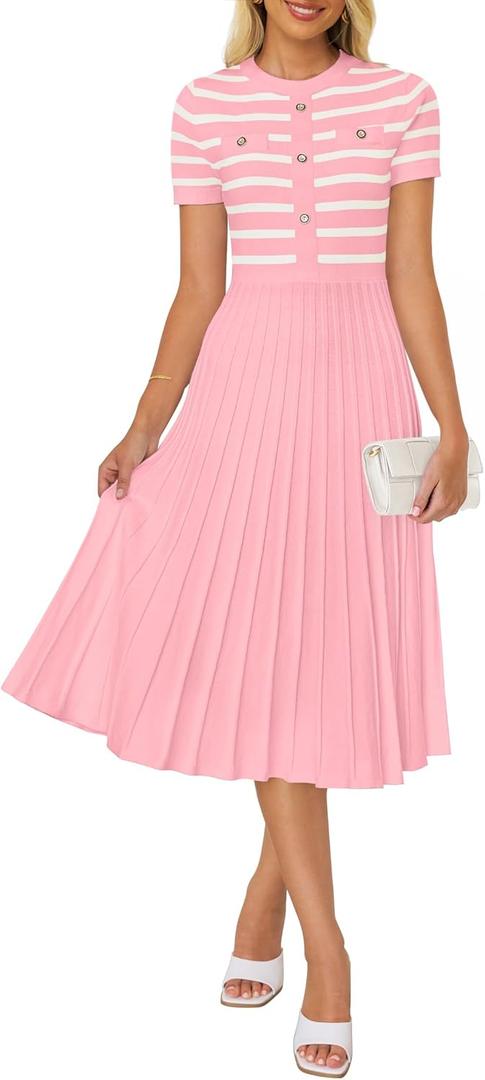 ZESICA Women's 2026 Casual Striped Midi Dress Crewneck Short Sleeve Button Ribbed Knit Swing Pleated A Line Dresses (Pink, S)