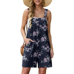 Lepunuo Rompers for Women Summer Boho Loose Fit Sleeveless Short Jumpsuits Overalls Vacation Outfits (XX-Large, Floral Blue Plum)