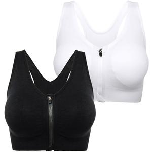 Women's Zip Front Sports Bra - Wireless Post-Surgery Bra, Medium Support for Yoga & Light Workouts (XX-Large, Black+white)