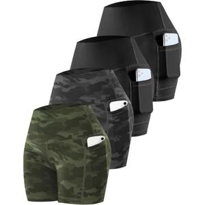 CHRLEISURE Womens Biker Yoga Shorts with Pockets: High Waisted Tummy Control Spandex Workout Athletic Gym Shorts 4 Packs (Large, 4 Packs - Black/Black/Camo Green/Camo Gray)
