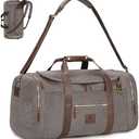 Densata Vintage Canvas Duffle Bag, 50L Genuine Leather Travel Duffel Backpack Multifunctional Overnight Weekender Bag with Shoes Compartment Men (Grey)