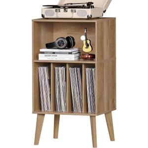 Lerliuo Record Player Stand, Oak Turntable Stand Holds up to 160 Albums, Mid-Century Vinyl Storage Cabinet Table with Solid Wood Legs, Record Player Holder Dispaly Shelf for Bedroom Living Room