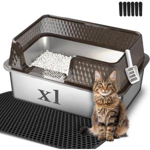 Suhaco Large Stainless Steel Litter Box Side Entry High Sides Deep Metal Cat Litter Boxes with Lid Low Entry Litter Mat and Scoop Litter Pan (Tall Black)