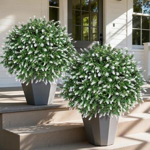HyeFlora 26'' Artificial Topiary Boxwood Ball Trees with Lavender 2 Pack Fake Plants for Outdoor Indoor Artificial Shrubs with Ground Spike UV Resistant Fake Bushes for Front Porch Garden (White)