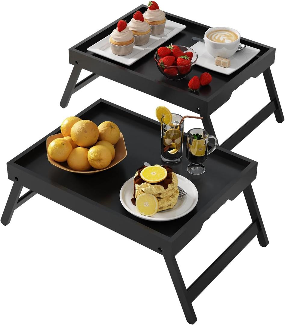 Bed Tray Table with Folding Legs,Bamboo Breakfast in Bed for Kitchen Serving Tray,Sofa,Eating,Used As Laptop Desk Snack Tray 2 Pack (Black) (Medium)