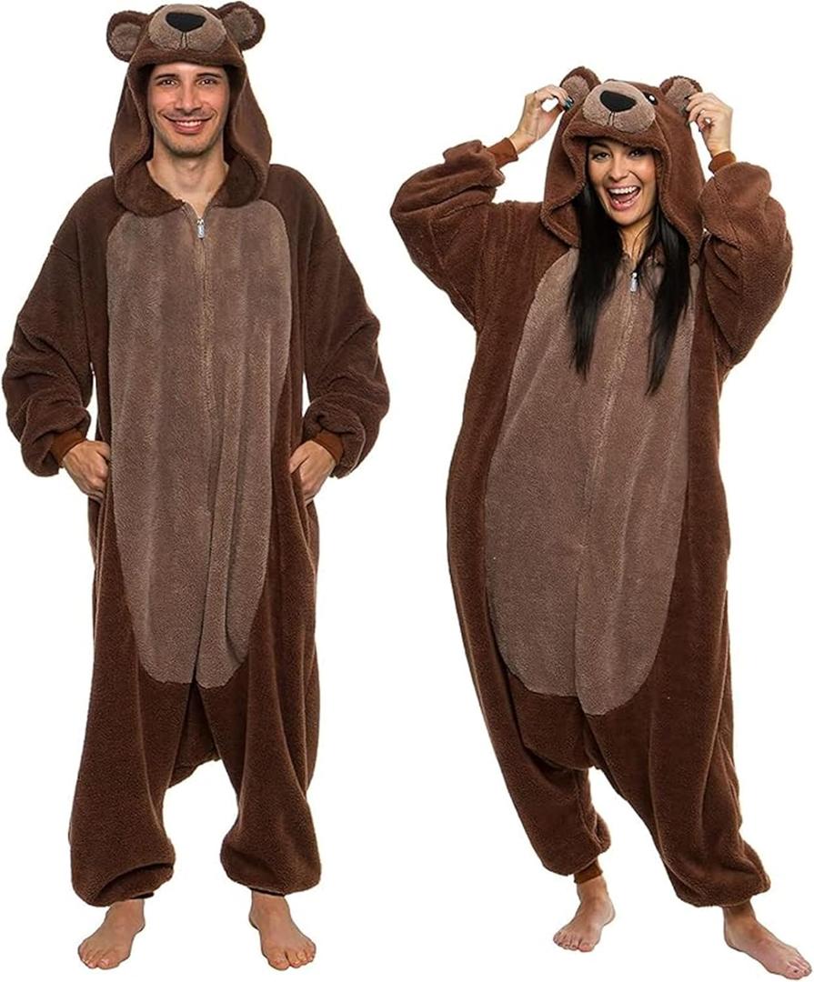 Funziez! Sherpa Bear Adult Onesie - Animal Halloween Costume - Plush Teddy One Piece Cosplay Suit for Adults, Women and Men (X-Large, Brown)