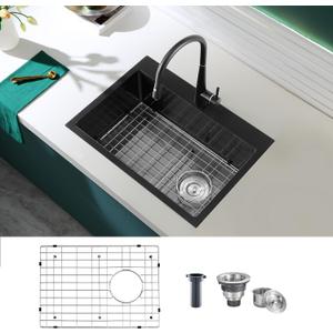 24 inch Drop-in Black Kitchen Sink Single Bowl, Topmount Kitchen Sink with Protective Bottom Grid, Overmount 304 Stainless Steel Kitchen Bar Sink Handmade with Basket Strainer, 24189 inch