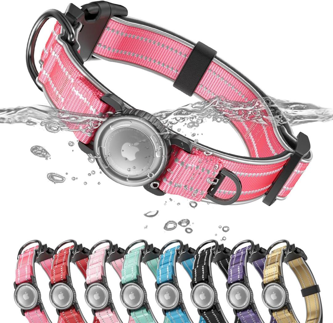Upgrade Airtag Dog Collar,with IPX8 Waterproof AirTag Holder | Reflective Ultra-Durable | Soft Padded | Lock Buckle | Heavy Duty, Rose, M(15"19")