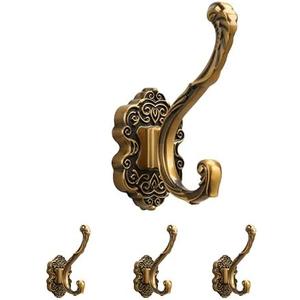 SDH Antique Brass Coat Hooks – Heavy Duty Wall Mounted – Vintage Decorative for Coats, Towels, Keys & Purse – Rust Resistant & Easy Installation Kit Included - Pack of 4