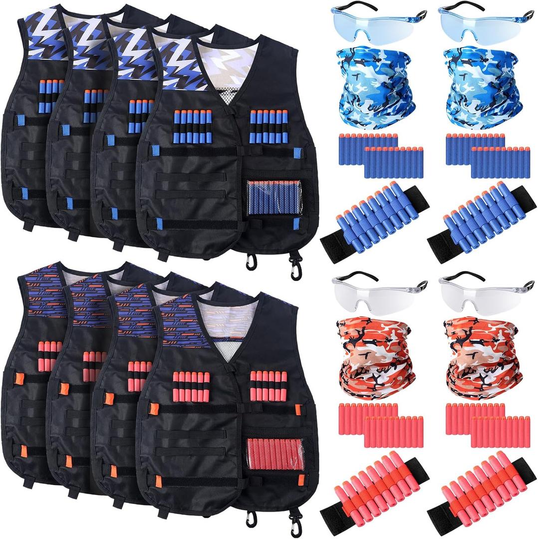 Sosation 8 Sets Kids Tactical Vest Compatible with Nerf Party Favor Accessories, Face Mask Wrist Ammo Holder Toy Gift Supplies Boys (Orange and Blue)