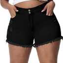 Women Plus Size Jean Shorts Sexy Stretchy High Waisted Frayed Raw Hem Denim Shorts (Black)