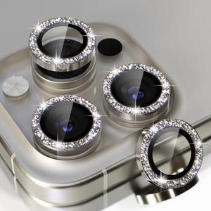 Choiche Compatible for iPhone 15 Pro/iPhone 15 Pro Max Camera Lens Protector Bling, 9H Tempered Glass Camera Cover Screen Protector Metal Ring Decoration Accessories (Glitter-Titanium Gray)