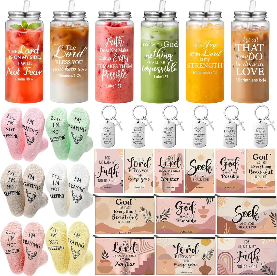Mimorou 30 Pcs 2026 Christian Gifts for Women Bulk Mothers Day Gifts 13.5 oz Bible Verse Plastic Tumblers with Lid Straw Religious Socks Boho Cosmetic Bags Notepads Scripture Keychains Church Favors