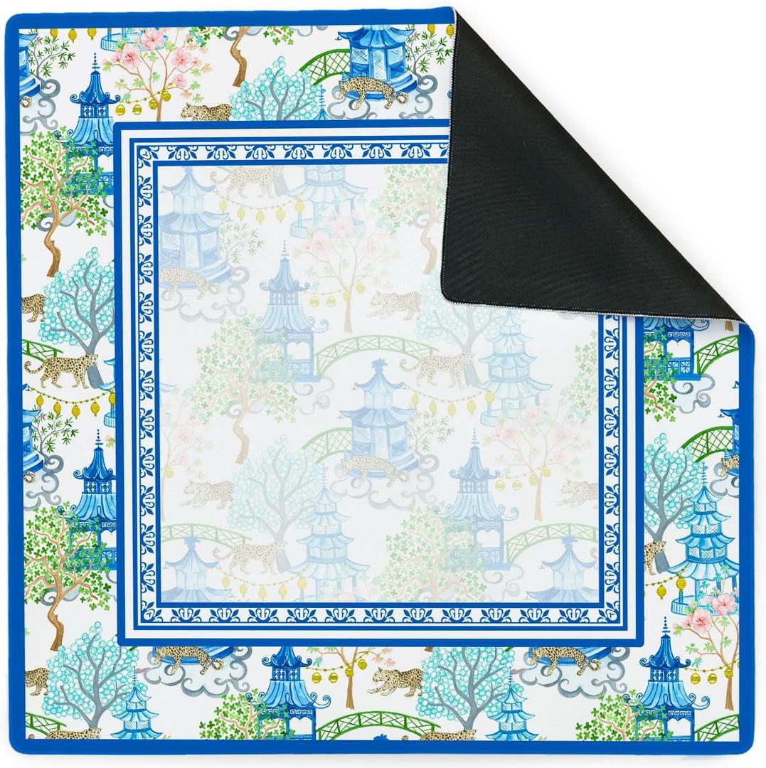 Blue Chinoiserie Mahjong Mats - Blue Preppy Mahjong Mat for Table, 31.5 x 31.5 inches