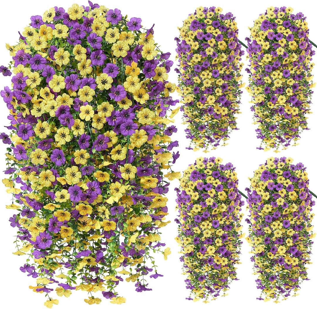 Artificial Hanging Flowers for Outdoors Spring Summer Decoration, 4PCS UV Resistant Silk Fake Hanging Plants for Patio Porch Front Yard Window Garden Indoor Decor(Purple&Yellow,4PCS)