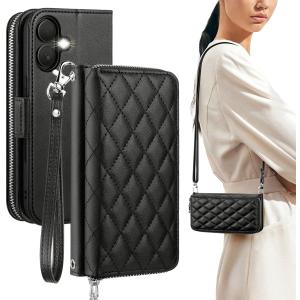 OCASE for iPhone 17 Crossbody Wallet Case - Stylish PU Leather Handbag Phone Purse with Zipper Closure, Card Slots & RFID Blocking - Wrist Strap, Lanyard, Kickstand - Diamond Check Black