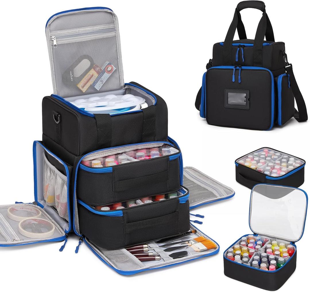 Acrylic Paint Organizer Bag for up to 72 Bottles (2 oz), Art Supply Storage Case Alcohol Ink Storage Paint Carry Bag with Handle Strap, Extra Pocket for Paint Brushes