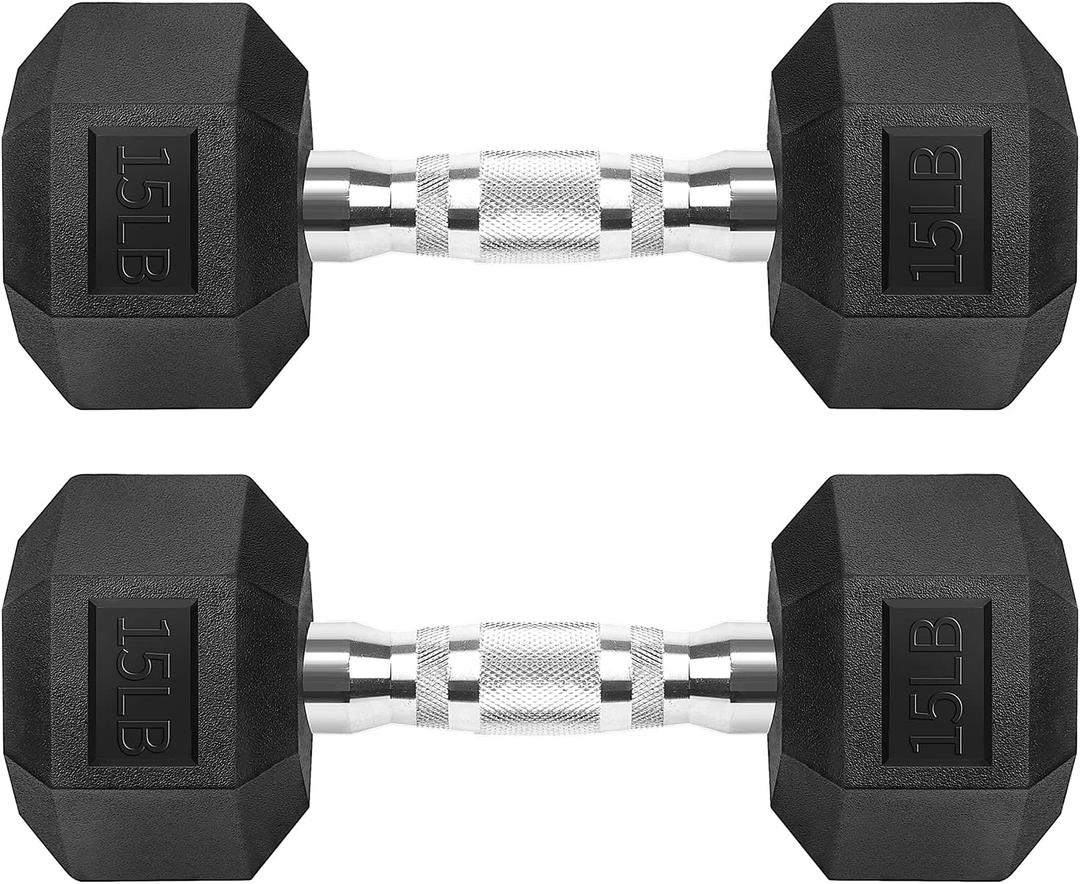 Hex Dumbbells Rubber Coated Cast Iron Hex Black Dumbbell Free Weights for Exercises 15 Pounds/Pair