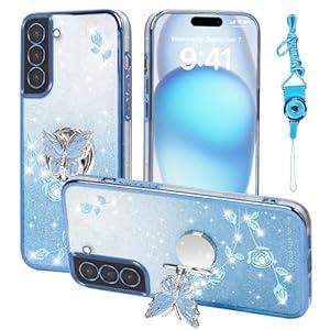 RTYQXK for Samsung Galaxy S22 Plus Phone Case, for S22+ Mobile Phone Case for Women and Girl, Glitter Butterfly Floral TPU Protective Cover with Kickstand+Strap for Samsung S22 Plus (Blue)