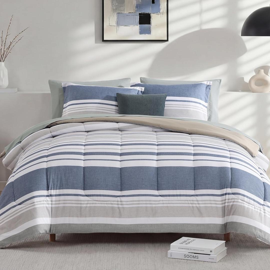 Monbix Queen Comforter Set - 7 Pieces Bed in a Bag Queen, Ocean Blue-Stripe Bedding Sets, All Seasons Comforter Bed Set with Sheets, Pillowcases & Shams