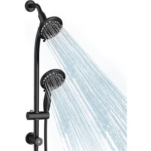 Handheld Showerhead & Rain Shower Combo for Easy Reach, 27.5" Drill-free Stainless Steel Slide Bar, 5" of 5-Setting Handheld Shower and Showerhead, with 5ft Hose - Black