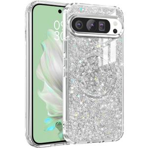 Magnetic Glitter Case for Google Pixel 10/10 Pro/9/9 Pro Women Girly,[Compatible with MagSafe] Luxury Fashion Cute Shiny Bling Sparkly Phone Cover for Pixel 10/10 Pro/9/9 Pro(6.3 inch),Silver