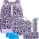 Choco Mocha Cheetah Backpack School Backpack Set for Girls, Kids Backpacks and Lunch Box Set with Water Bottle Elementary School 17 Inch Bookbag, Purple