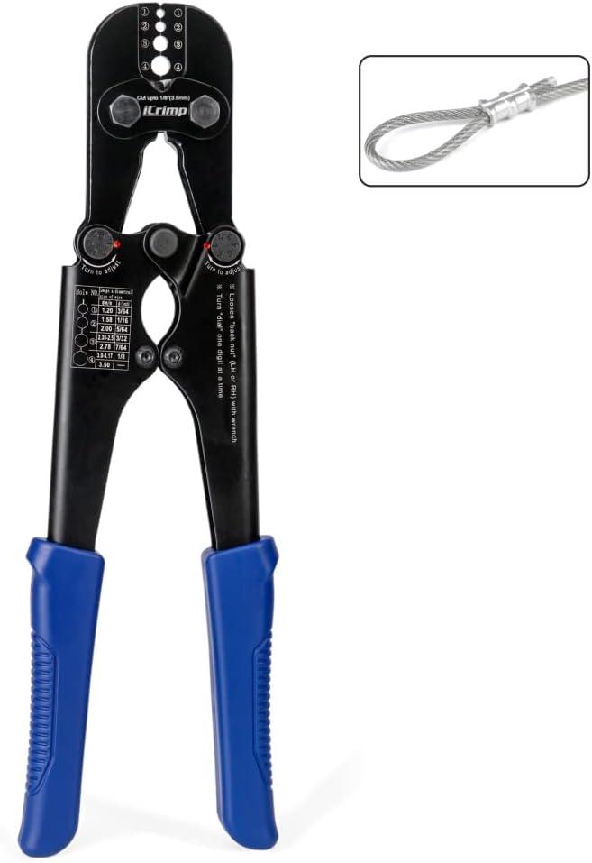 iCrimp Swaging Tool, Wire Rope Crimping Tools for Aluminum Copper Duplex Hourglass Sleeves, Stop Buttons and Ferrules with Built-in Cable Cutter Works from 3/64-inch to 1/8-inch