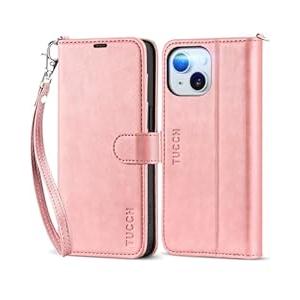 TUCCH Wallet Case for iPhone 15 6.1" 5G, [Wrist Strap] Kickstand RFID Blocking 4 Card Slots Magnetic Closure, PU Leather Shockproof TPU Shell Compatible with iPhone 15 2023, Pink with Wristlet