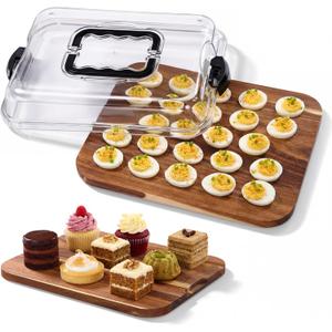 Baderke Easter Acacia Wood Deviled Egg Platter with Lid 24 Holes 15 x 11.3 Inch Deviled Egg Tray Reversible Wooden Charcuterie Board Serving Containers for Home Countertop Party Kitchen