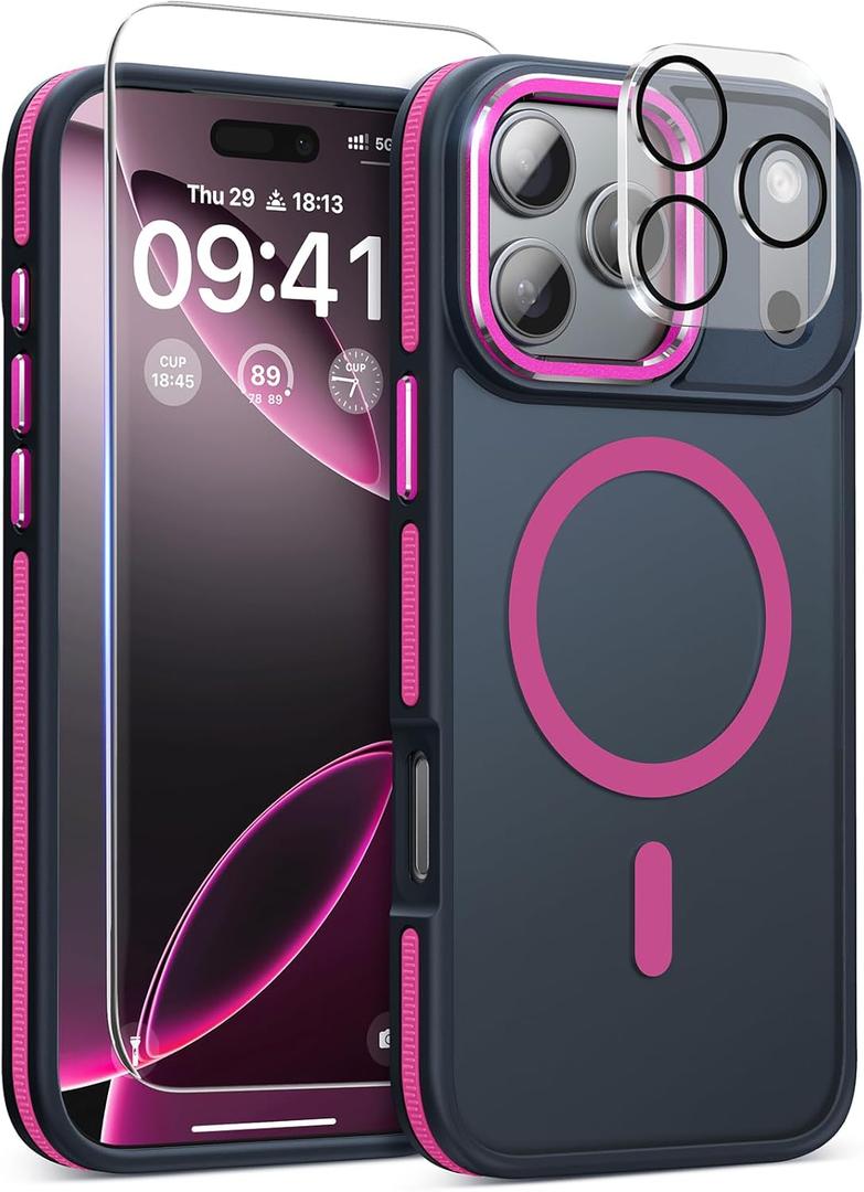 Magnetic 3 in 1 for iPhone 17 Pro Case, [Omni-Directional Protection] with 1x Screen Protector + 1x Camera Cover, [Seamless Work with Magsafe] Shockproof Slim Thin Case for iPhone 17 Pro Hot Pink