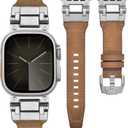 Rugged Genuine Leather Band for Apple Watch Ultra 2/1 Band for Men 49mm 46mm 45mm 44mm 42mm,Comfortable Replacement iWatch Bands with Metal Stainless Steel Connector for Series 10 9 8 7 SE 6 5 4 3 2 1 SE (brown)