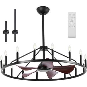 Farmhouse Chandelier Ceiling Fan with Light and Remote, 16-Lights Large Wagon Wheel Fandelier with Candle for Living Room, Rustic Walnut Fan with Light Fixture for Loft