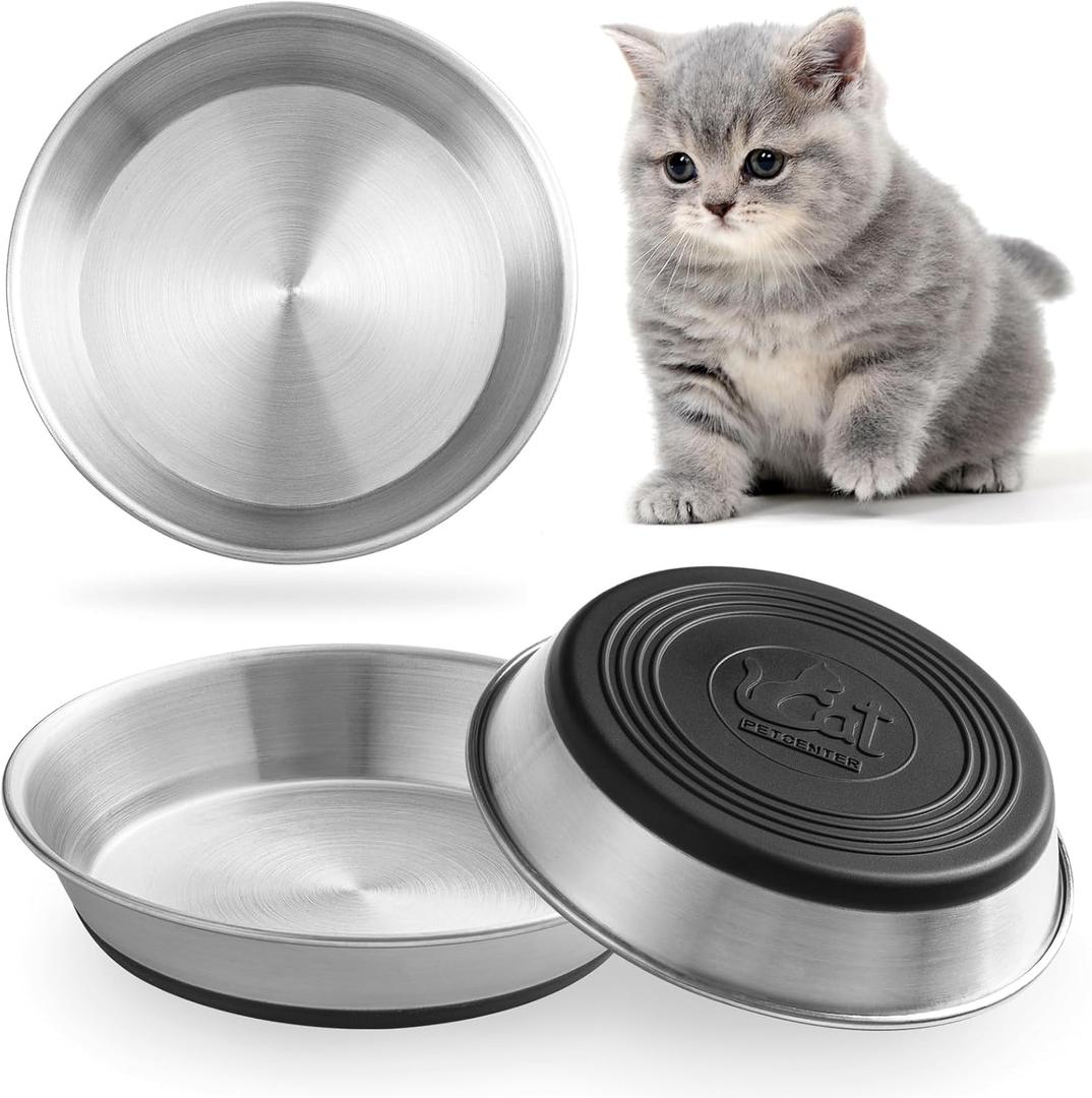 Stainless Steel Cat Bowls, Whisker Friendly Shallow Cat Dishes for Food and Water, Non-Slip Silicone Bottom, Heavy Duty, Replacement Kitten Metal Plate for Elevated Stands,3 Pack