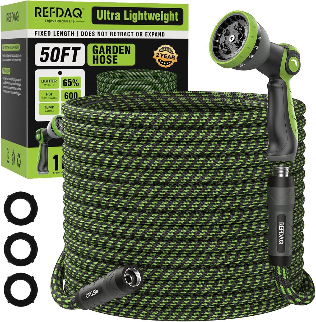 Garden Hose, Flexible Ultra Lightweight Durable, Kink-Free Water Hose with 10 Function Sprayer - Non-Shrinking, Easy to Store, All-Weather, High-Pressure (50FT) (Green)