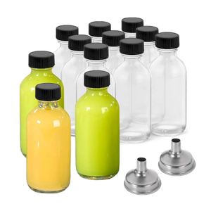 DIDITIME 12 Pack 2 oz Small Clear Glass Bottles with Lids & 2 Funnels  60ml Boston Round Sample Bottles for Potion, Juice, Ginger Shots, Oils, Whiskey, Wellness Shots, Mini Travel Bottles