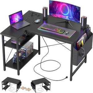 TIQLAB Gaming Desk with Power Outlets - 40 inch L Shaped Computer Desk, Reversible Design Small Corner Desk, Bookshelf Workstation for Work Study Play Home Office, Black